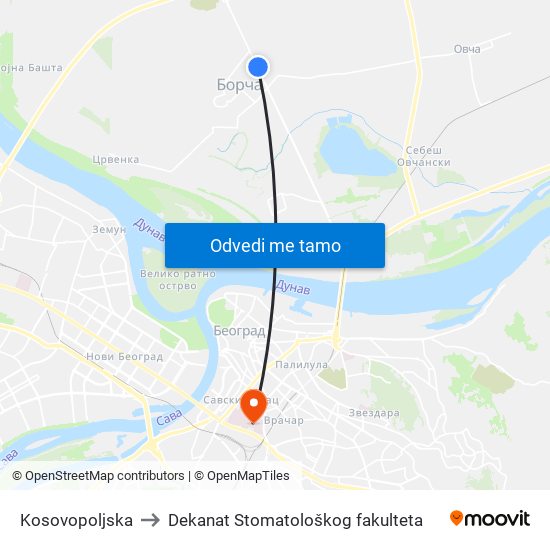 Kosovopoljska to Dekanat Stomatološkog fakulteta map