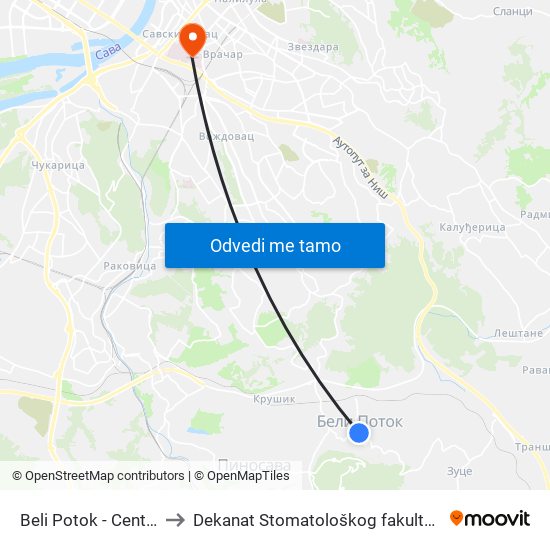 Beli Potok - Centar to Dekanat Stomatološkog fakulteta map