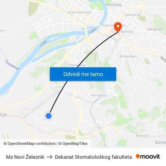 Mz Novi Železnik to Dekanat Stomatološkog fakulteta map