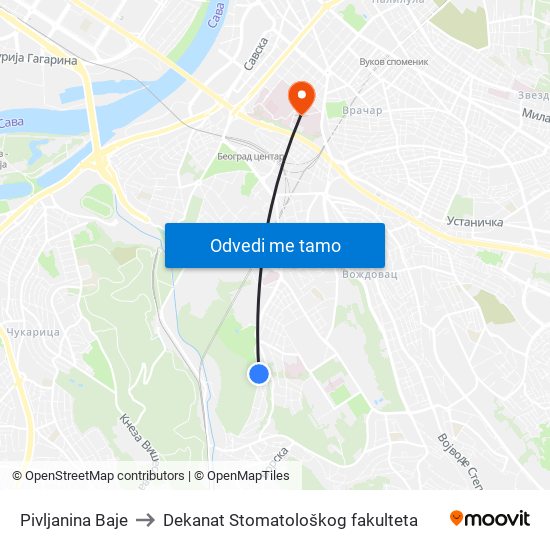 Pivljanina Baje to Dekanat Stomatološkog fakulteta map