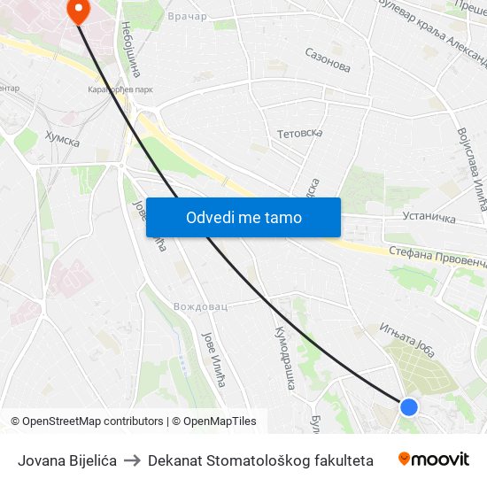 Jovana Bijelića to Dekanat Stomatološkog fakulteta map