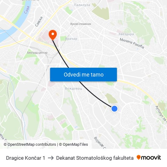 Dragice Končar 1 to Dekanat Stomatološkog fakulteta map