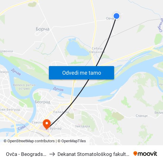 Ovča - Beogradska to Dekanat Stomatološkog fakulteta map