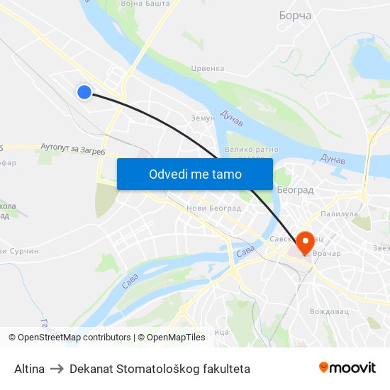 Altina to Dekanat Stomatološkog fakulteta map