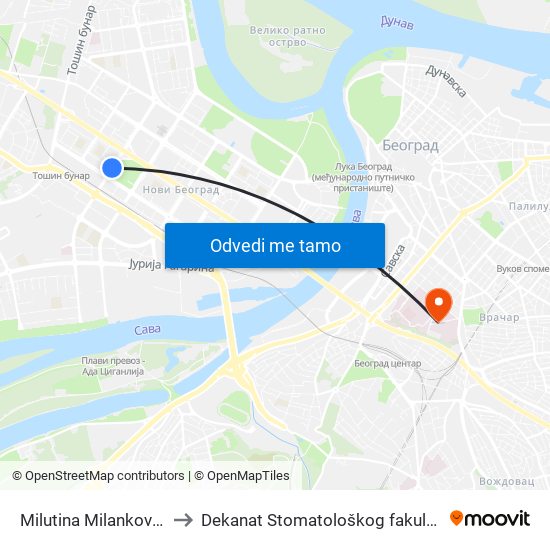 Milutina Milankovića to Dekanat Stomatološkog fakulteta map