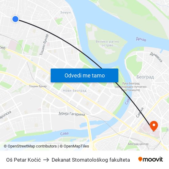 Oš Petar Kočić to Dekanat Stomatološkog fakulteta map