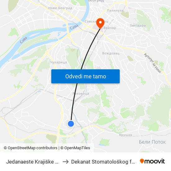 Jedanaeste Krajiške Divizije to Dekanat Stomatološkog fakulteta map