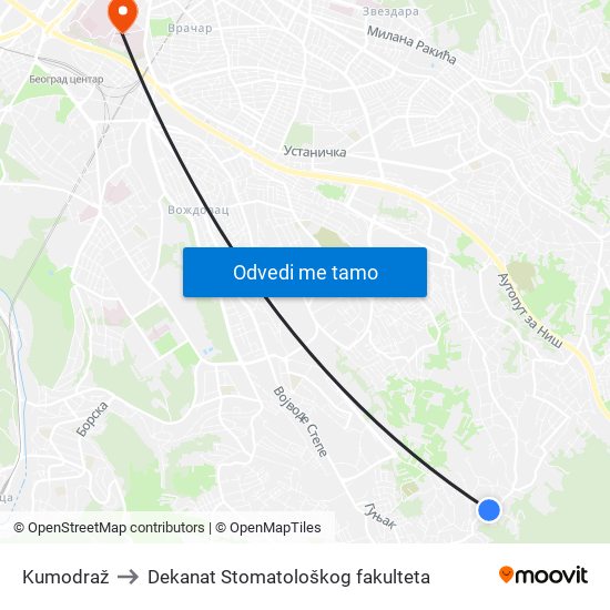 Kumodraž to Dekanat Stomatološkog fakulteta map