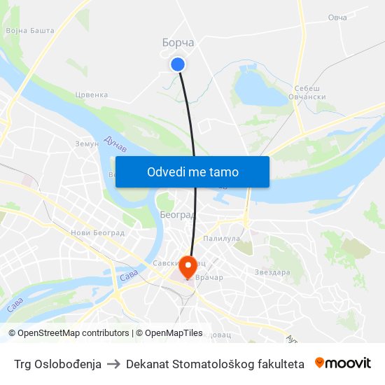 Trg Oslobođenja to Dekanat Stomatološkog fakulteta map