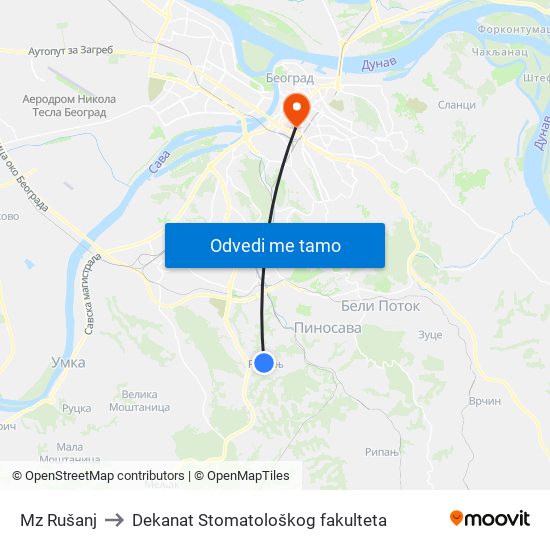 Mz Rušanj to Dekanat Stomatološkog fakulteta map