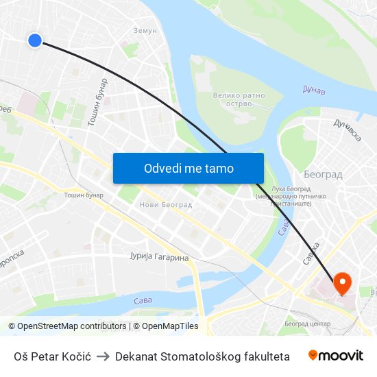 Oš Petar Kočić to Dekanat Stomatološkog fakulteta map