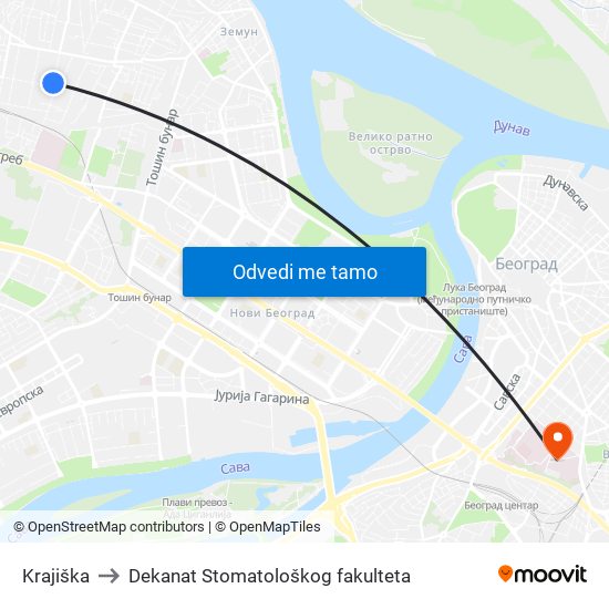 Krajiška to Dekanat Stomatološkog fakulteta map