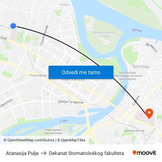 Atanasija Pulje to Dekanat Stomatološkog fakulteta map