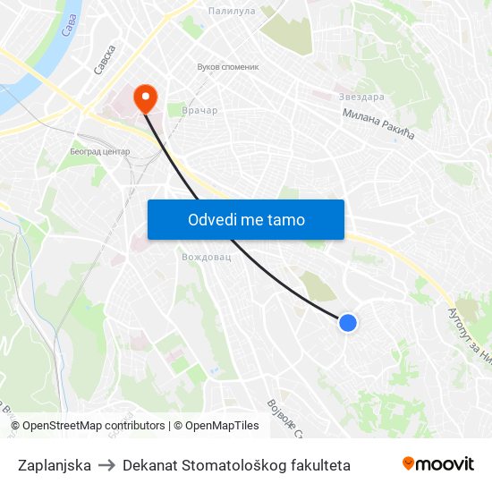 Zaplanjska to Dekanat Stomatološkog fakulteta map