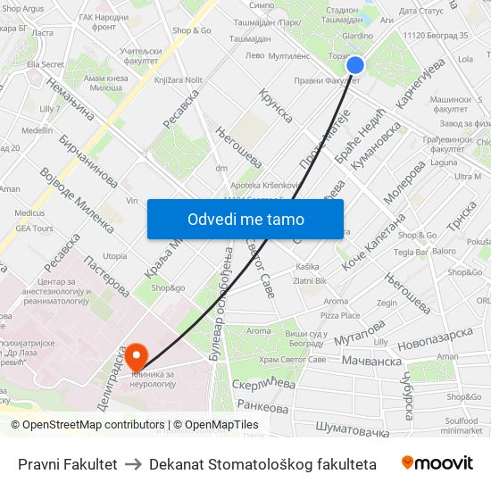 Pravni Fakultet to Dekanat Stomatološkog fakulteta map