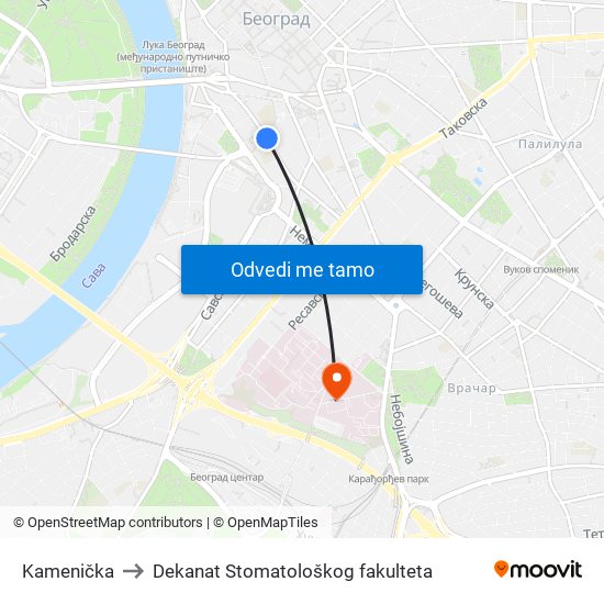 Kamenička to Dekanat Stomatološkog fakulteta map