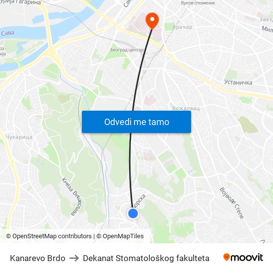 Kanarevo Brdo to Dekanat Stomatološkog fakulteta map