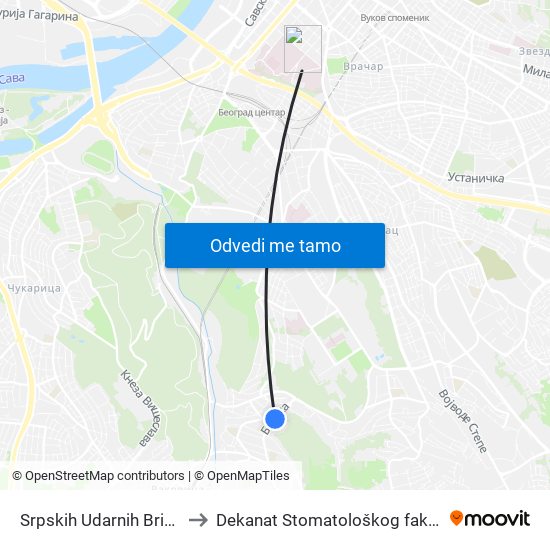 Srpskih Udarnih Brigada to Dekanat Stomatološkog fakulteta map