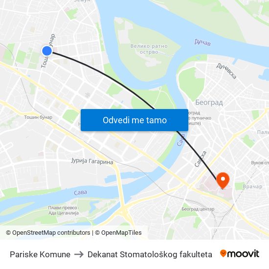 Pariske Komune to Dekanat Stomatološkog fakulteta map