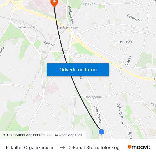 Fakultet Organizacionih Nauka to Dekanat Stomatološkog fakulteta map