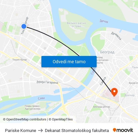 Pariske Komune to Dekanat Stomatološkog fakulteta map