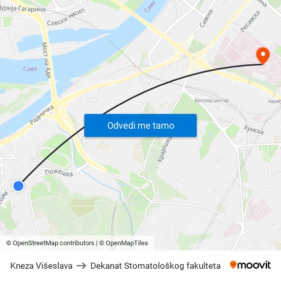 Kneza Višeslava to Dekanat Stomatološkog fakulteta map