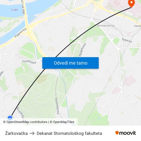 Žarkovačka to Dekanat Stomatološkog fakulteta map