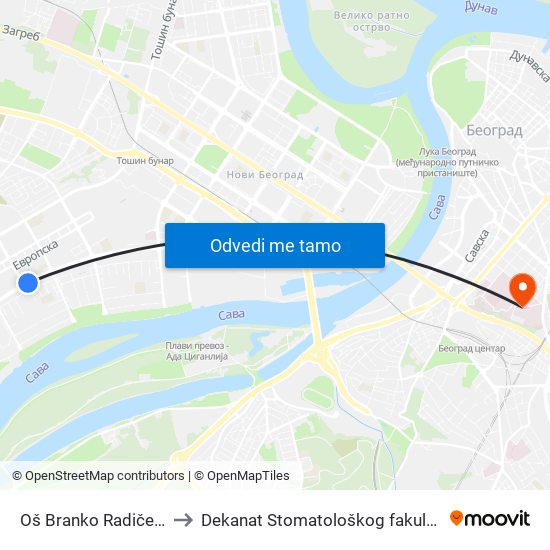 Oš Branko Radičević to Dekanat Stomatološkog fakulteta map