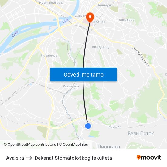 Avalska to Dekanat Stomatološkog fakulteta map