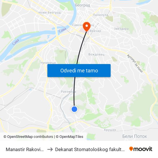 Manastir Rakovica to Dekanat Stomatološkog fakulteta map