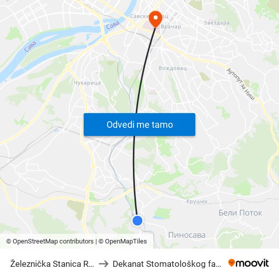 Železnička Stanica Resnik to Dekanat Stomatološkog fakulteta map