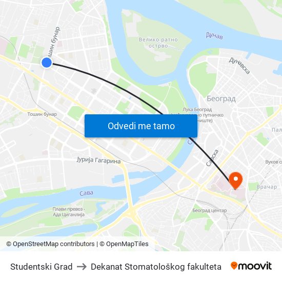 Studentski Grad to Dekanat Stomatološkog fakulteta map