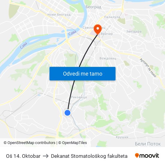 Oš 14. Oktobar to Dekanat Stomatološkog fakulteta map