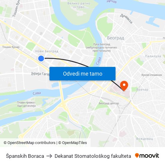Španskih Boraca to Dekanat Stomatološkog fakulteta map