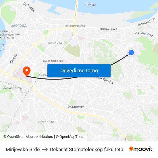 Mirijevsko Brdo to Dekanat Stomatološkog fakulteta map