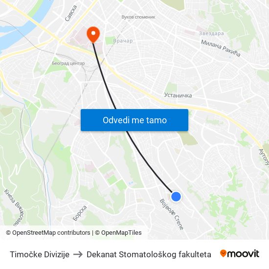 Timočke Divizije to Dekanat Stomatološkog fakulteta map