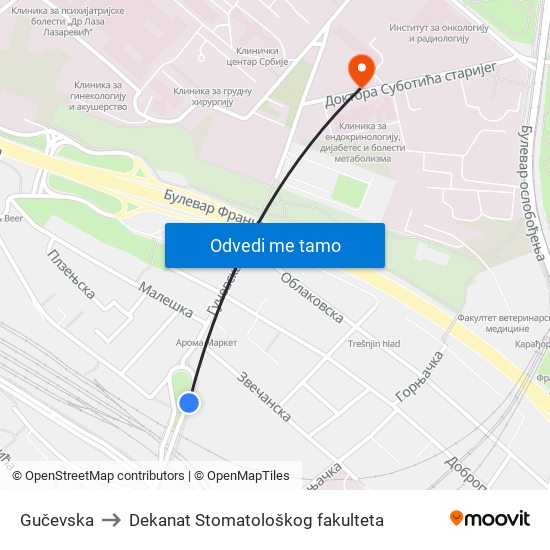 Gučevska to Dekanat Stomatološkog fakulteta map