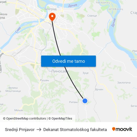 Srednji Prnjavor to Dekanat Stomatološkog fakulteta map