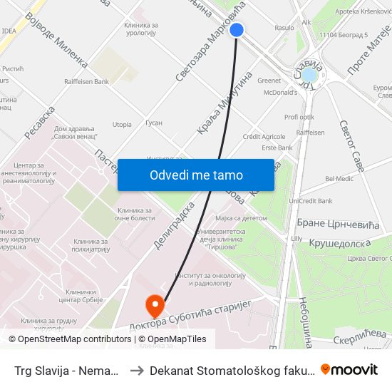 Trg Slavija - Nemanjina to Dekanat Stomatološkog fakulteta map