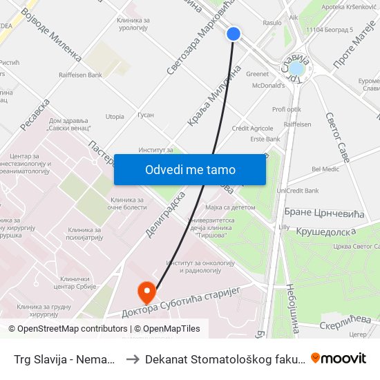 Trg Slavija - Nemanjina to Dekanat Stomatološkog fakulteta map