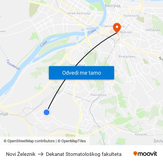 Novi Železnik to Dekanat Stomatološkog fakulteta map