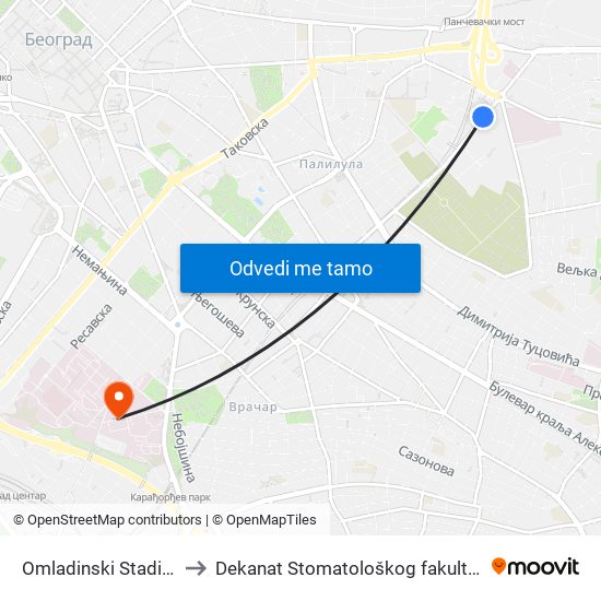 Omladinski Stadion to Dekanat Stomatološkog fakulteta map