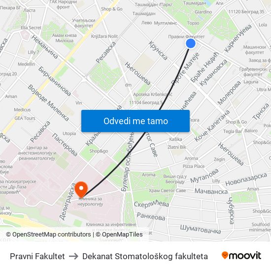 Pravni Fakultet to Dekanat Stomatološkog fakulteta map