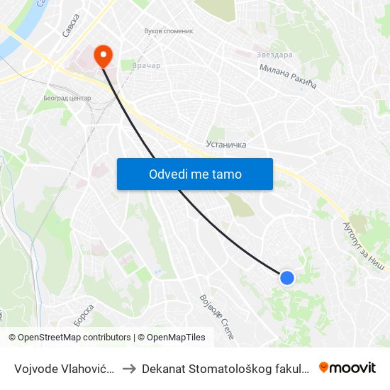 Vojvode Vlahovića 1 to Dekanat Stomatološkog fakulteta map