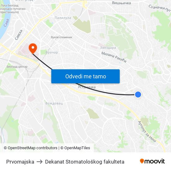 Prvomajska to Dekanat Stomatološkog fakulteta map