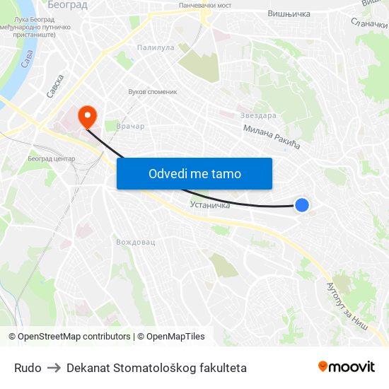 Rudo to Dekanat Stomatološkog fakulteta map