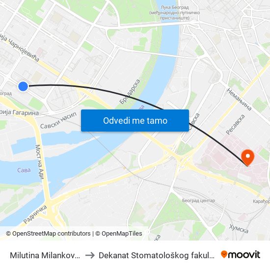 Milutina Milankovića to Dekanat Stomatološkog fakulteta map