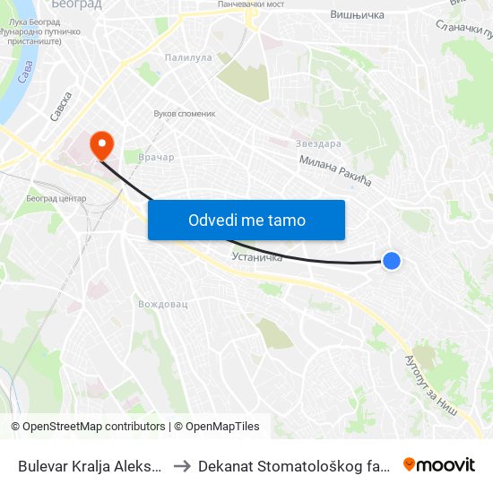 Bulevar Kralja Aleksandra to Dekanat Stomatološkog fakulteta map