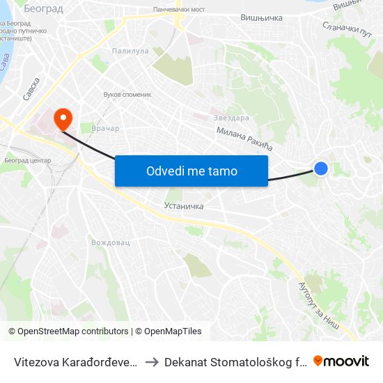 Vitezova Karađorđeve Zvezde to Dekanat Stomatološkog fakulteta map