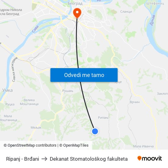 Ripanj - Brđani to Dekanat Stomatološkog fakulteta map